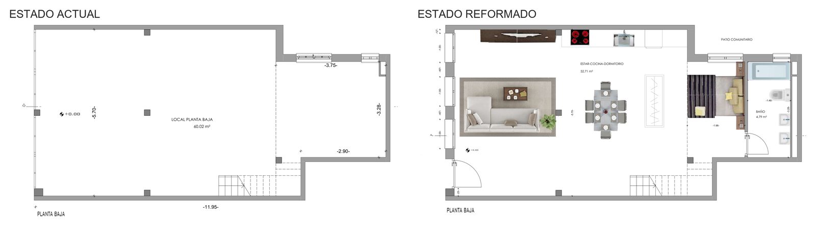Plano de la planta baja: a la izquierda el local diáfano en su estado actual y a la derecha la vivienda reformada con estar-cocina-dormitorio y baño