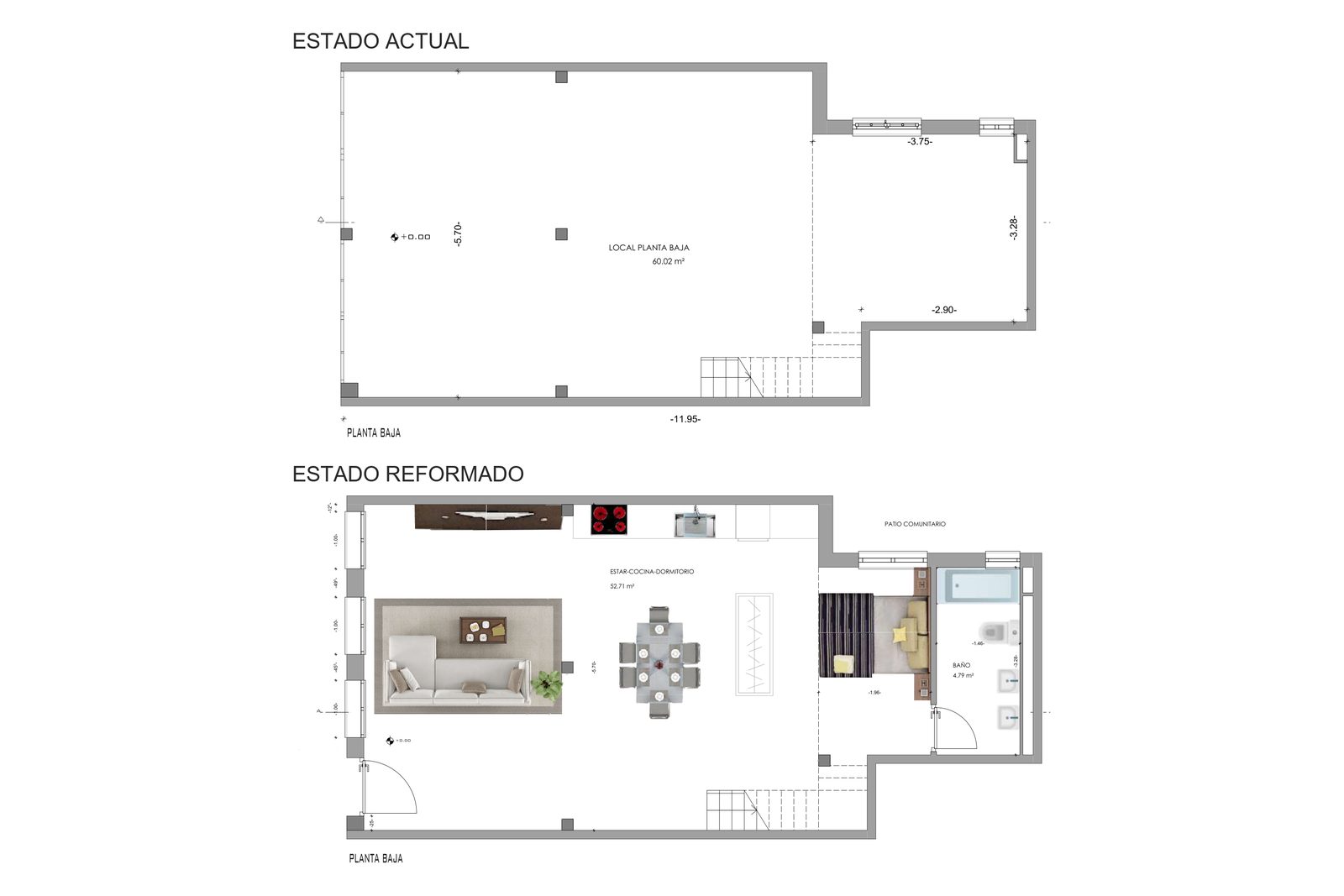 Plano de la planta baja antes y después del cambio de uso: arriba el local diáfano y abajo la vivienda reformada
