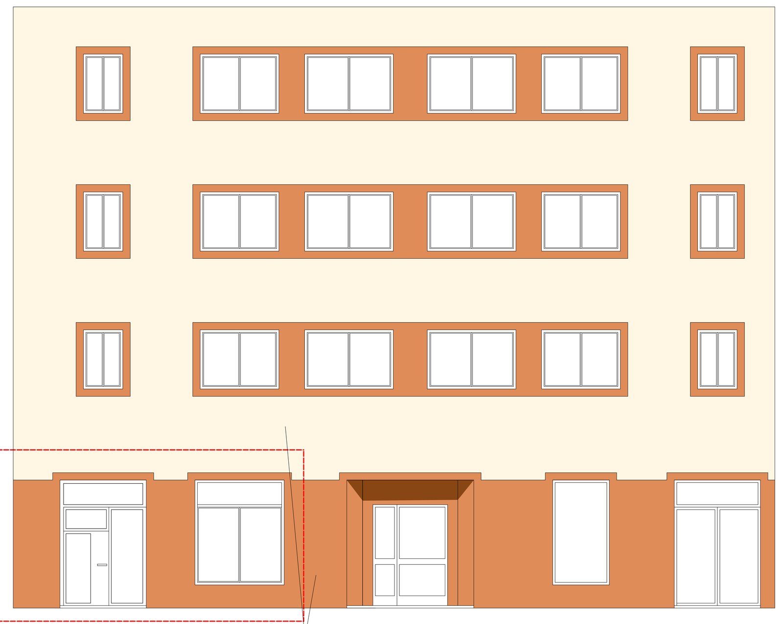 Alzado en color del edificio de Méndez Álvaro con el local transformado señalado