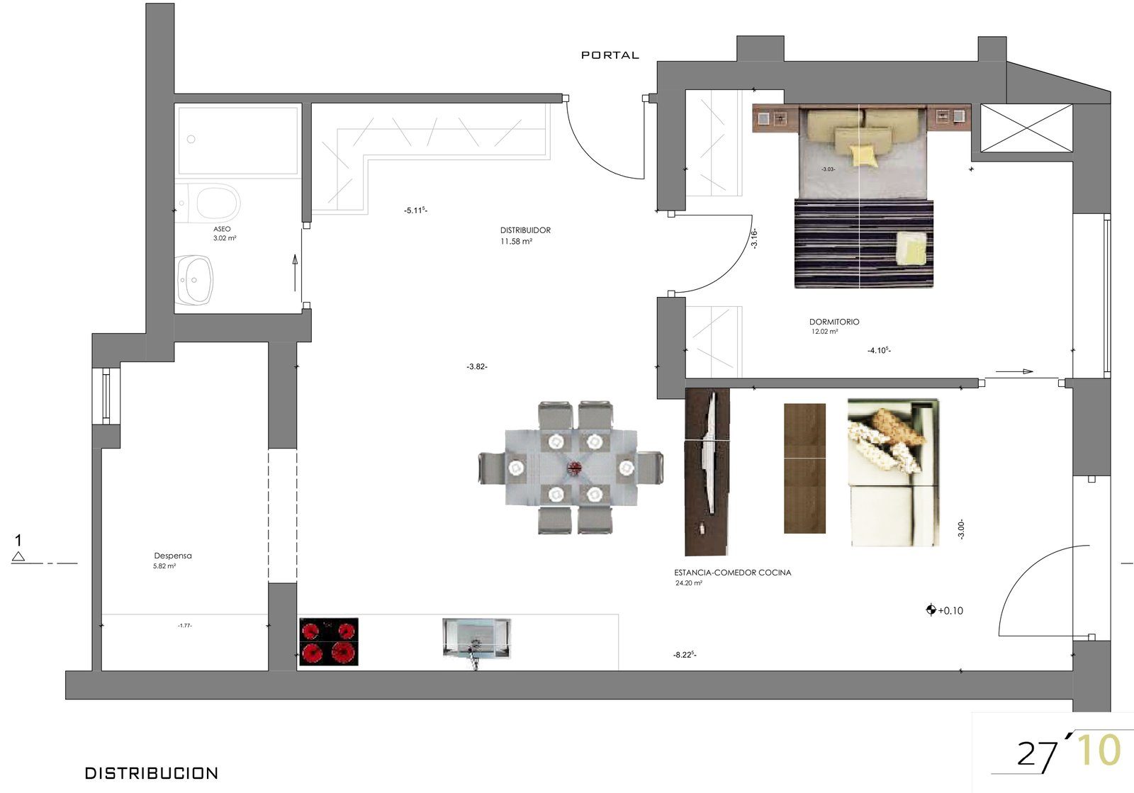 Plano de la vivienda resultante en Méndez Álvaro con estancia-comedor-cocina, dormitorio, aseo y despensa