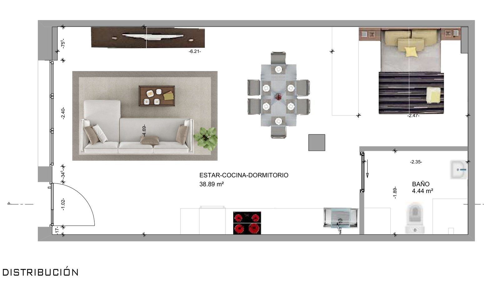 Plano de la vivienda tipo estudio de Perales de Tajuña con estar-cocina-dormitorio y baño