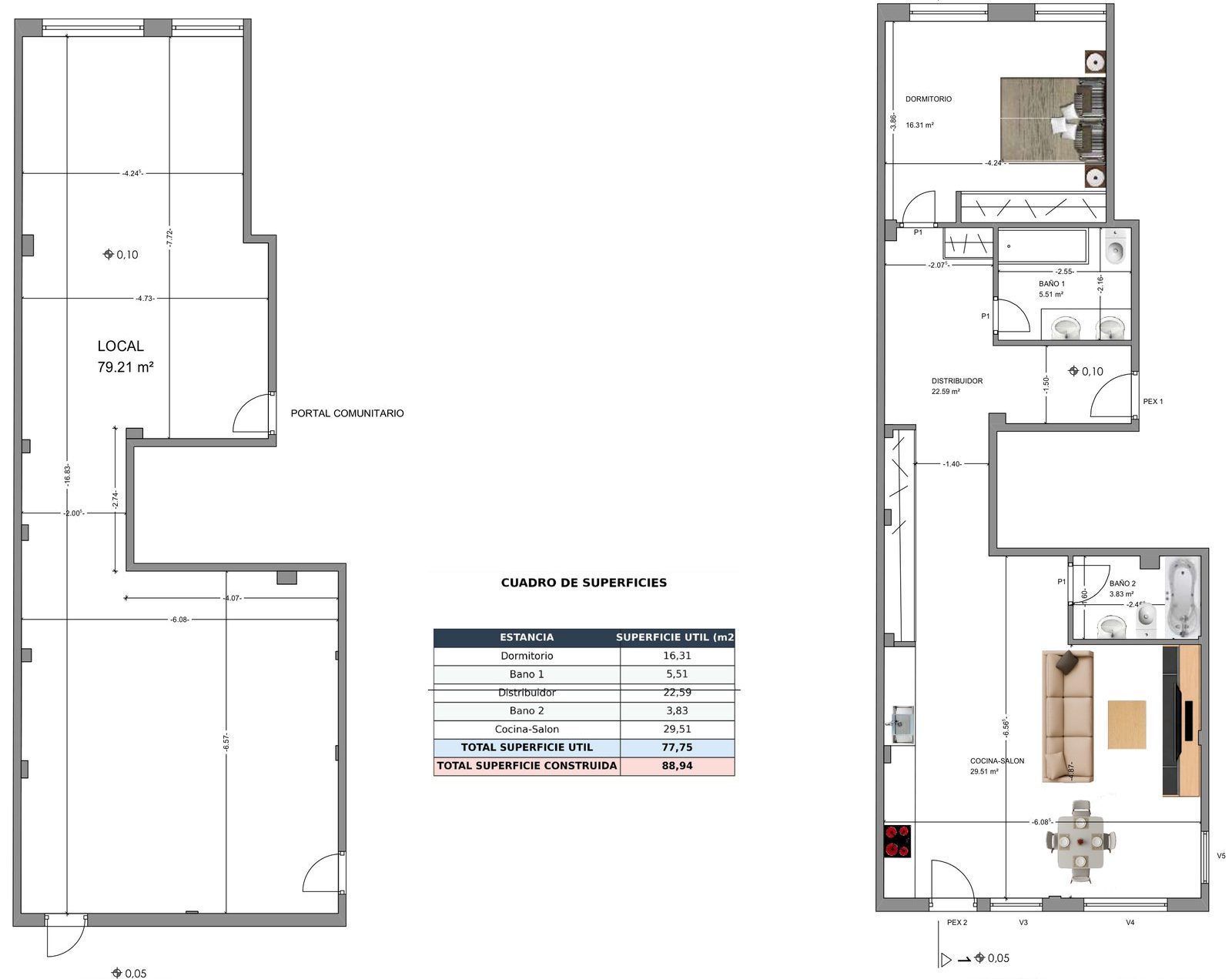 Plano de Villaverde: a la izquierda el local diáfano en su estado actual y a la derecha la vivienda reformada con dormitorio, dos baños y salón-cocina