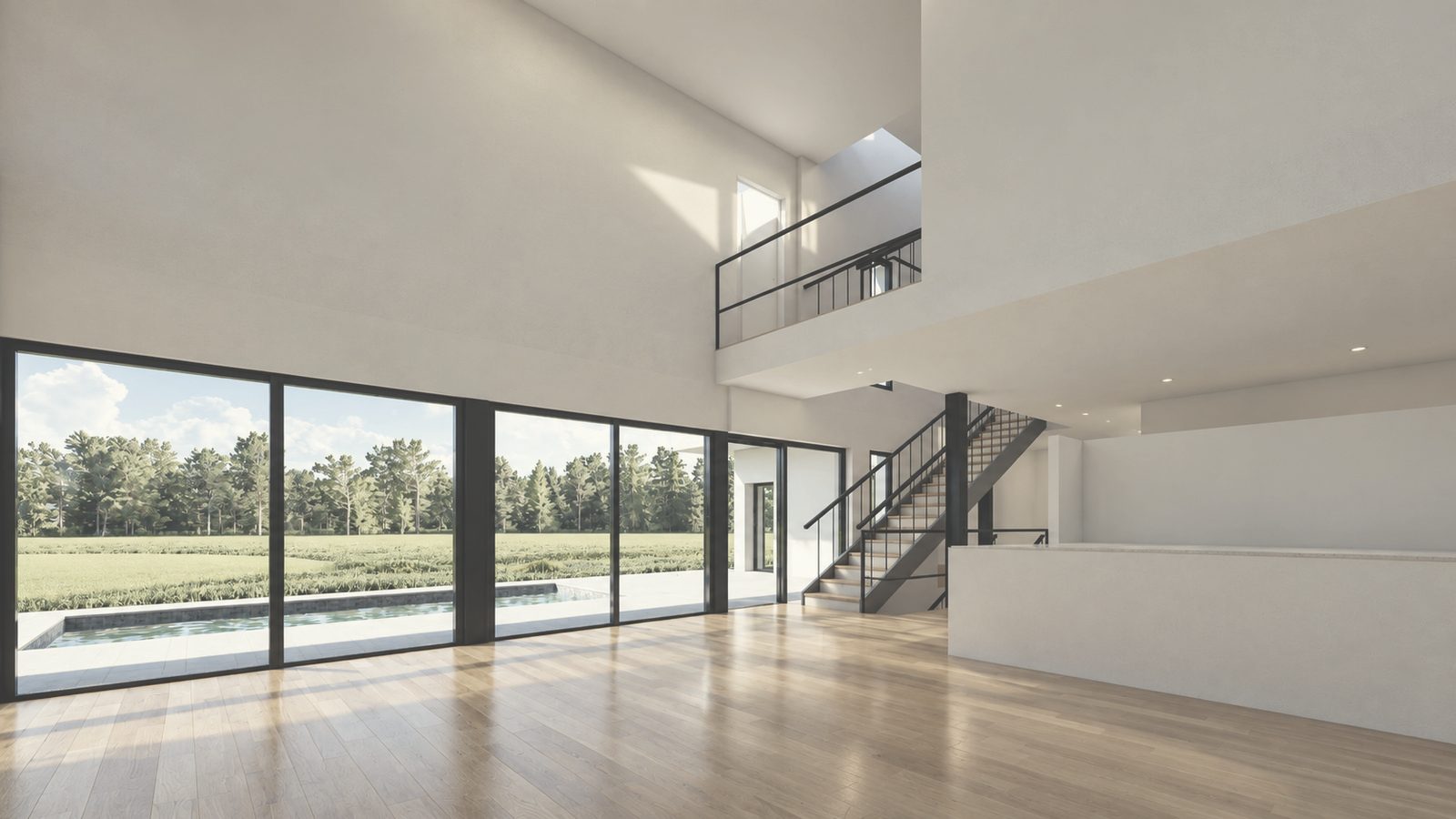 Infografía del salón a doble altura con cristalera a la piscina, pasarela y escalera metálica