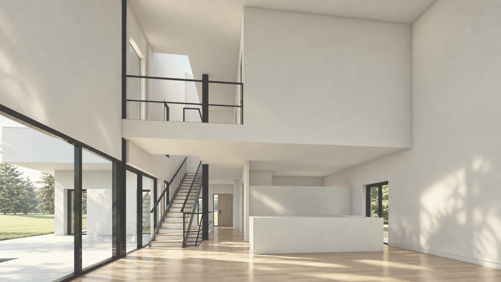 Infografía interior con la escalera metálica y la galería superior