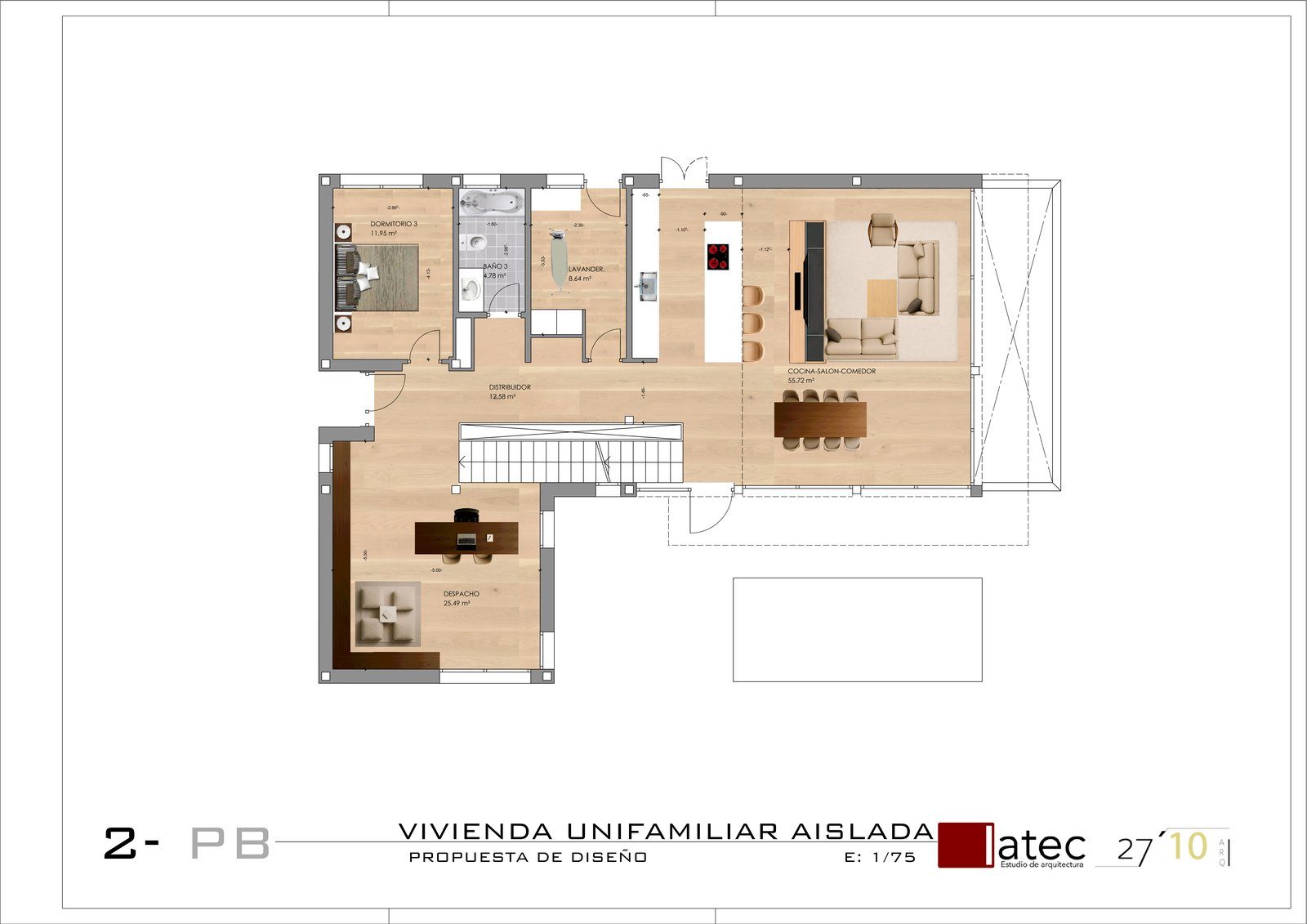 Plano de la planta baja amueblada con cocina-salón-comedor, despacho y dormitorio