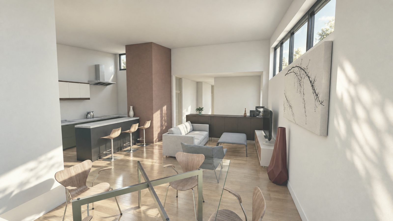 Infografía interior de la cocina con barra, el comedor y el salón, con un muro terracota y ventanas altas