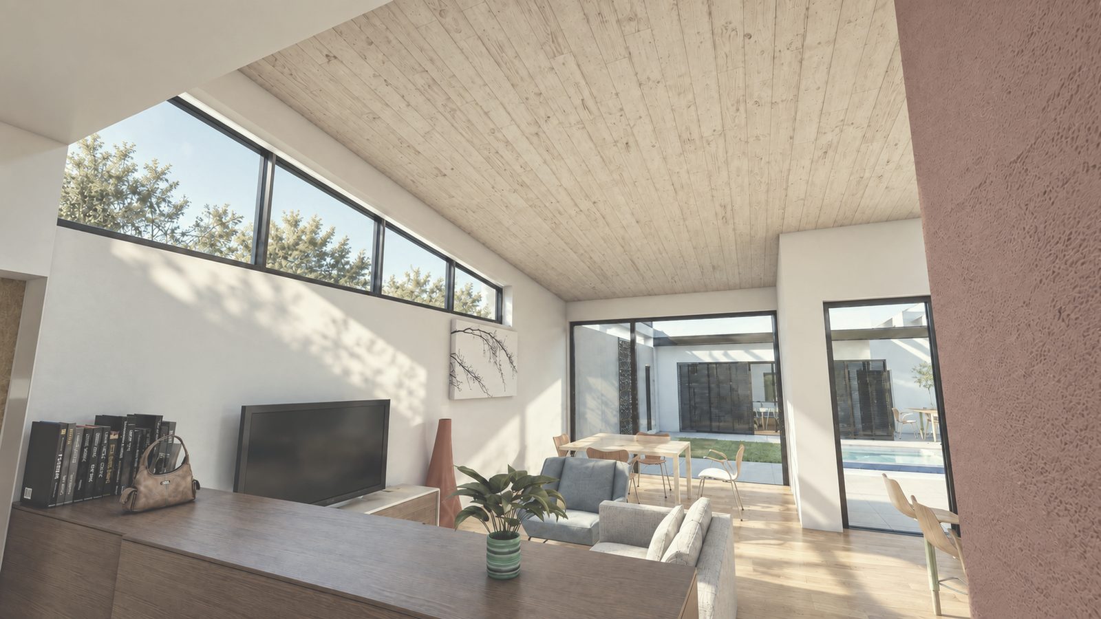 Infografía del salón con techo de madera, ventana alta corrida y cristaleras al patio y la piscina