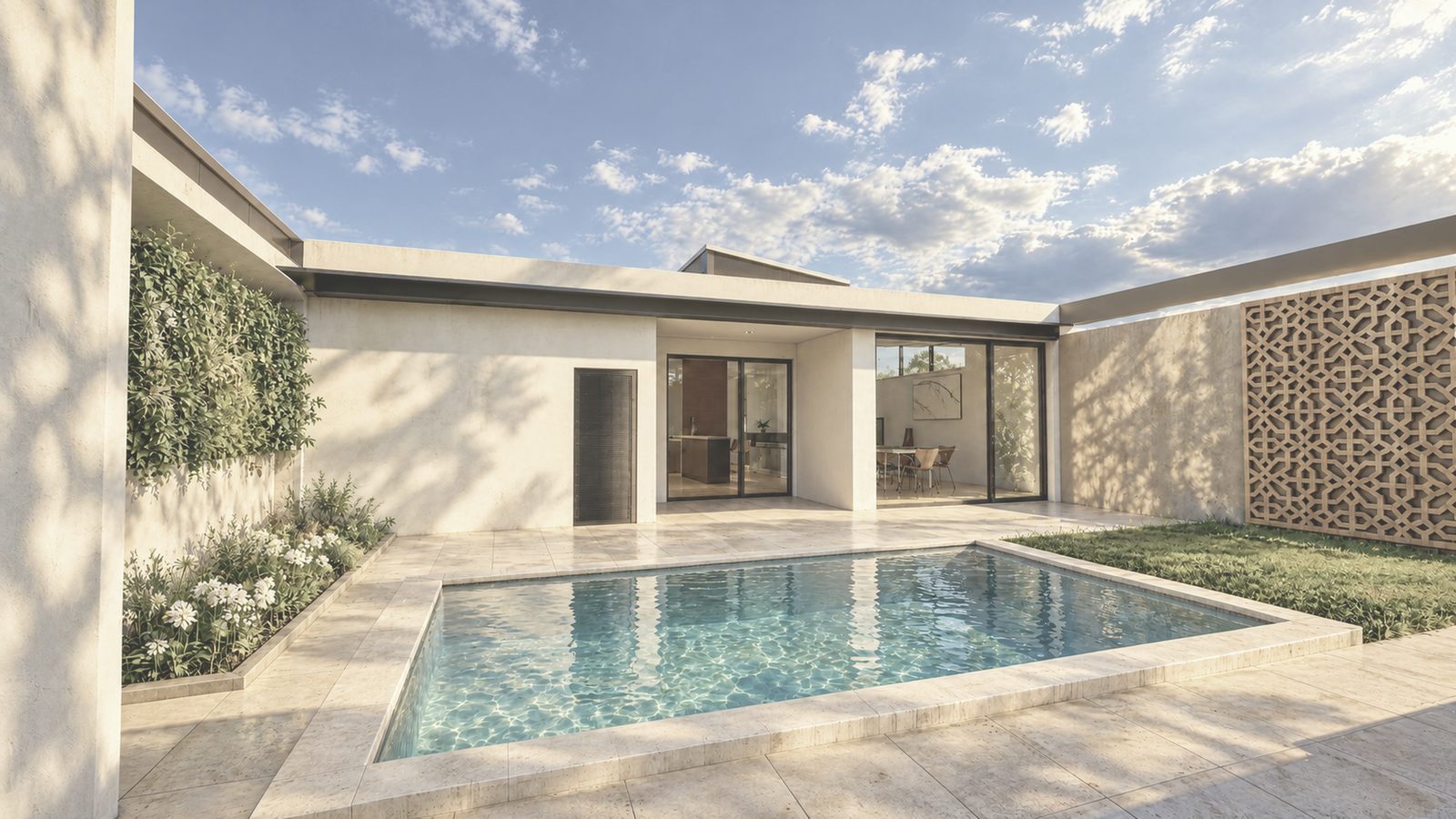Infografía del patio con piscina y césped, un muro vegetal y una celosía, frente a las cristaleras de la vivienda