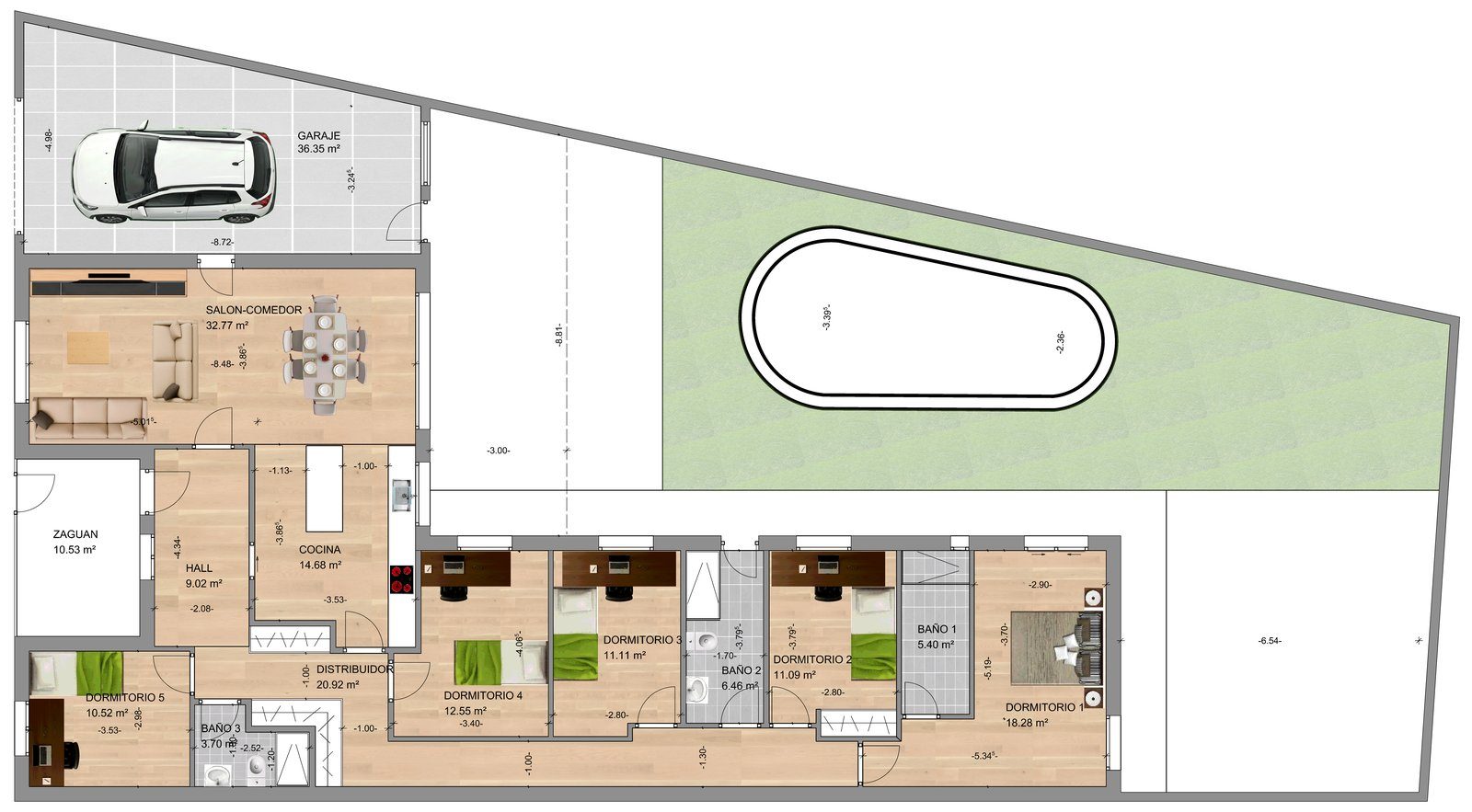 Plano de planta amueblada con cinco dormitorios, salón, garaje, jardín y piscina