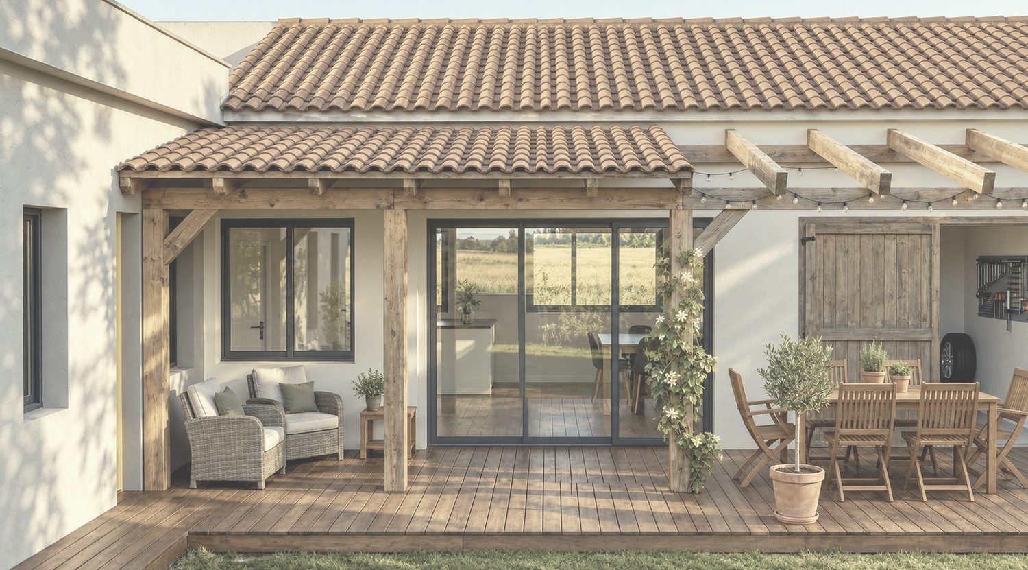Infografía del porche de madera con teja y pérgola, cristalera corredera y mobiliario exterior