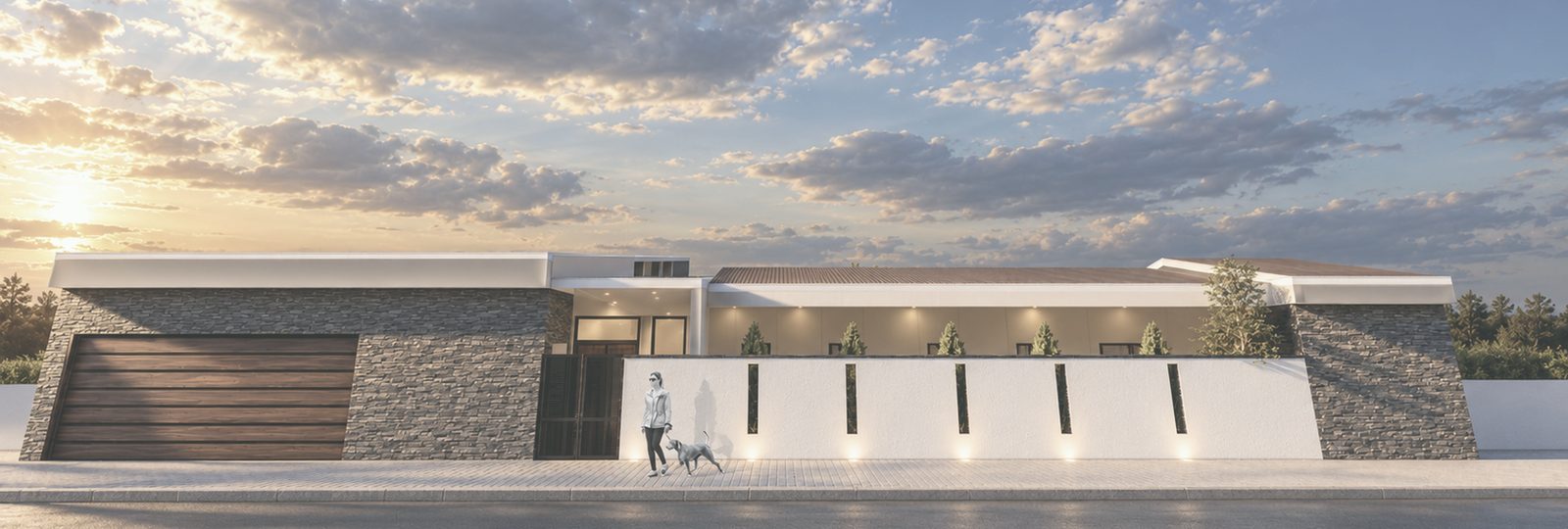 Infografía de la fachada a la calle al atardecer: dos cuerpos de piedra oscura y, entre ellos, un muro blanco con aberturas verticales