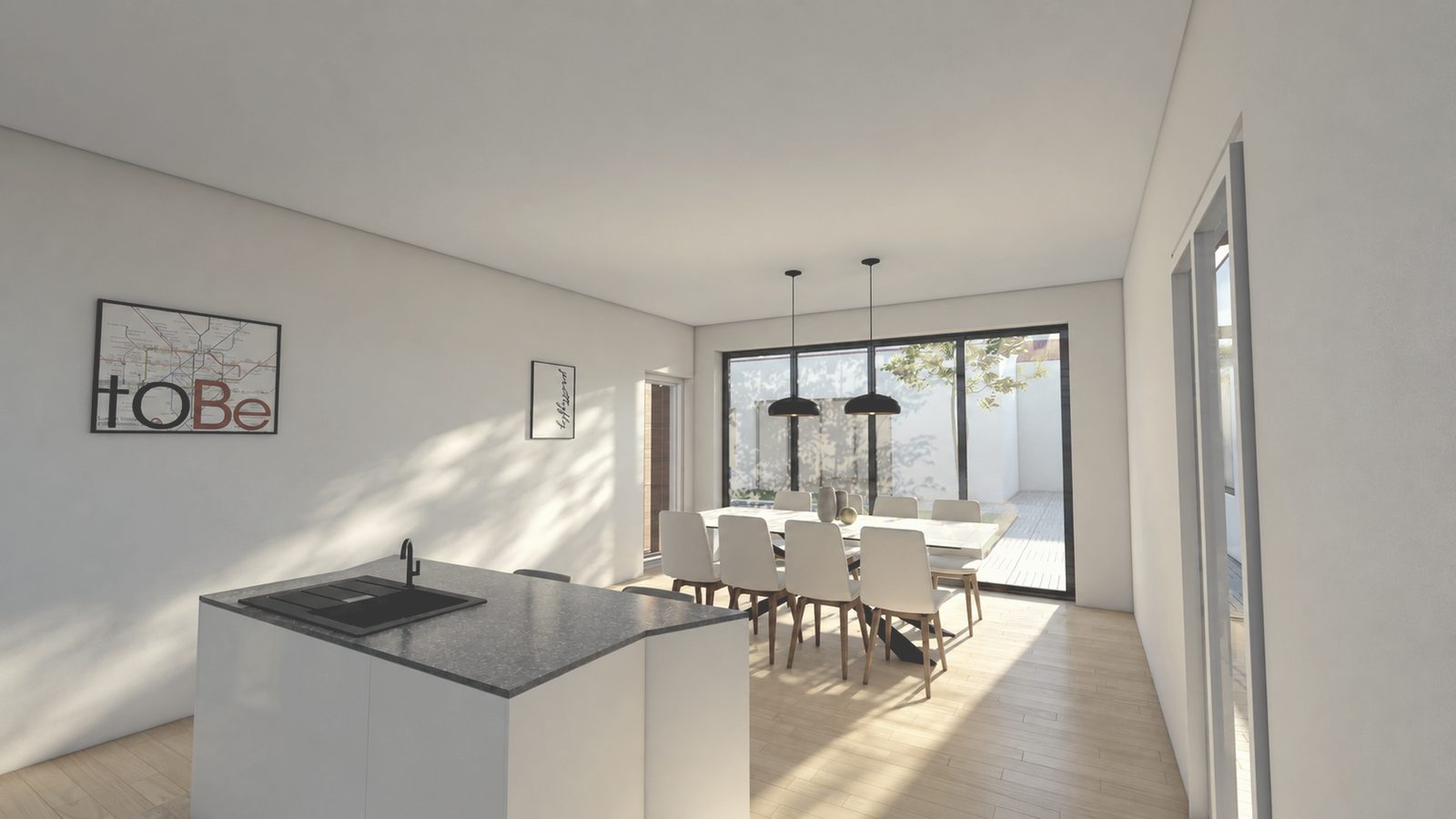Infografía interior de la cocina con isla y el comedor, iluminado por una cristalera hacia el patio