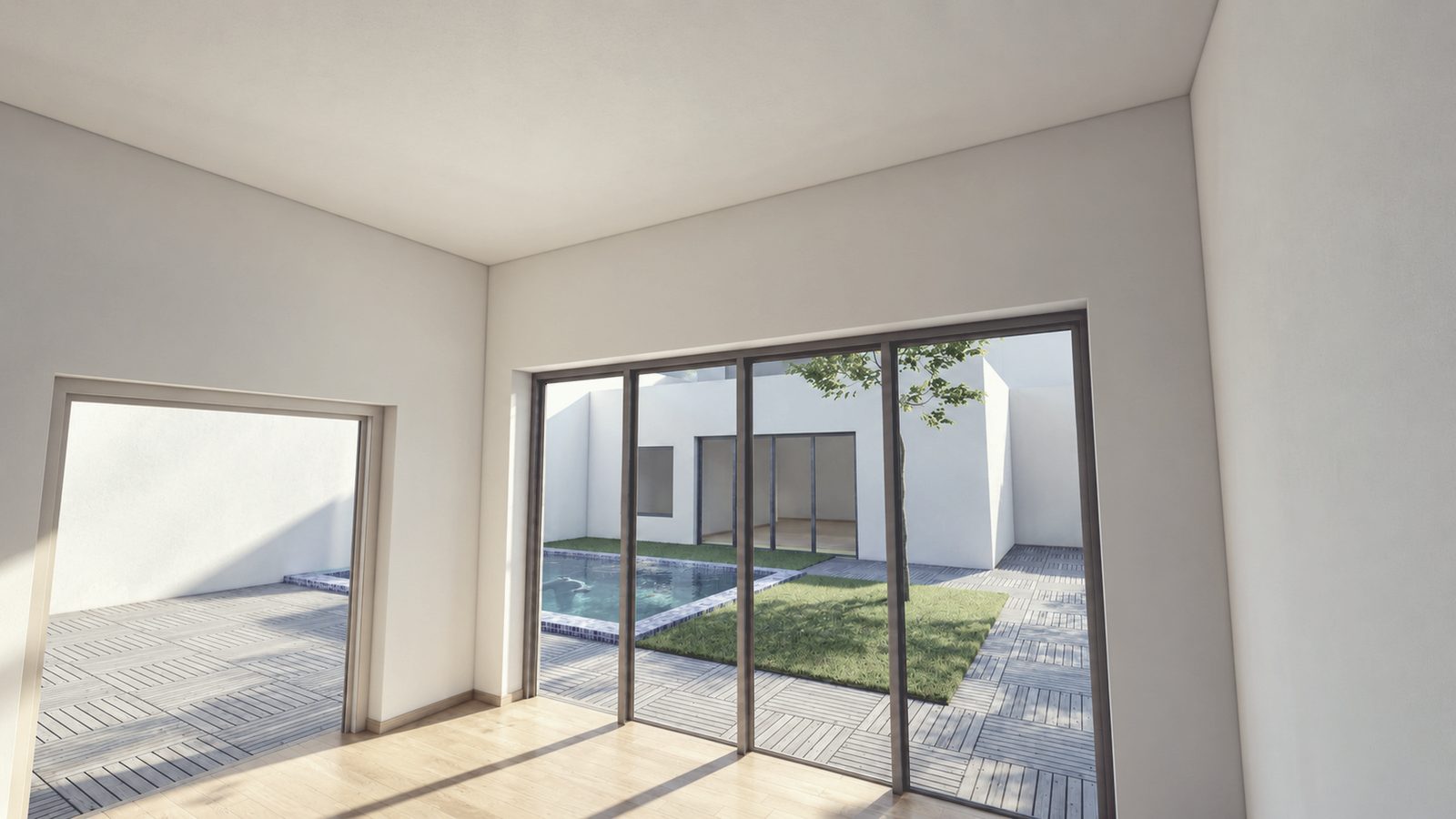 Infografía interior del salón, con una cristalera de suelo a techo abierta al patio y la piscina