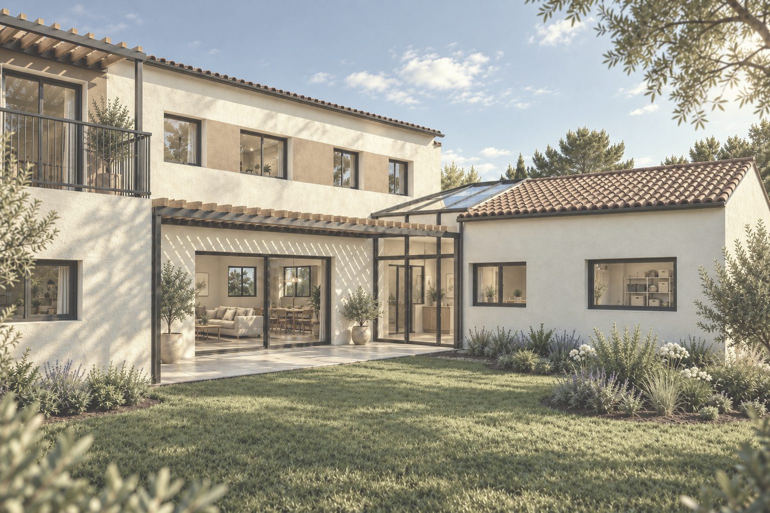 Infografía de la vivienda de Villacastín vista desde el jardín: dos volúmenes blancos unidos por una galería de vidrio