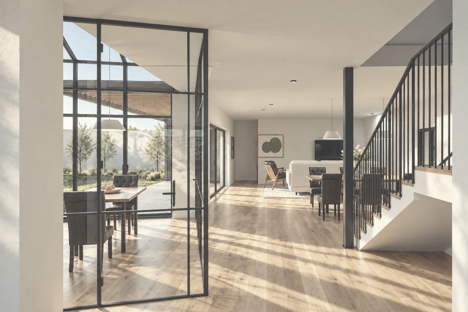 Infografía del salón y la cocina de la vivienda de Villacastín