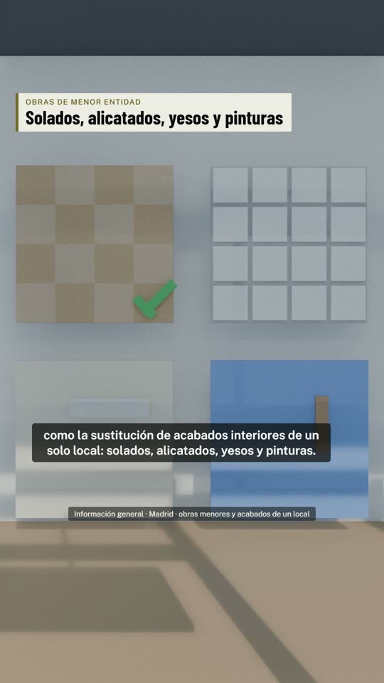 Local con un rodillo que pinta una pared, muestras de solado, alicatado, yeso y pintura, cuadro eléctrico y aire acondicionado, contenedor y andamio